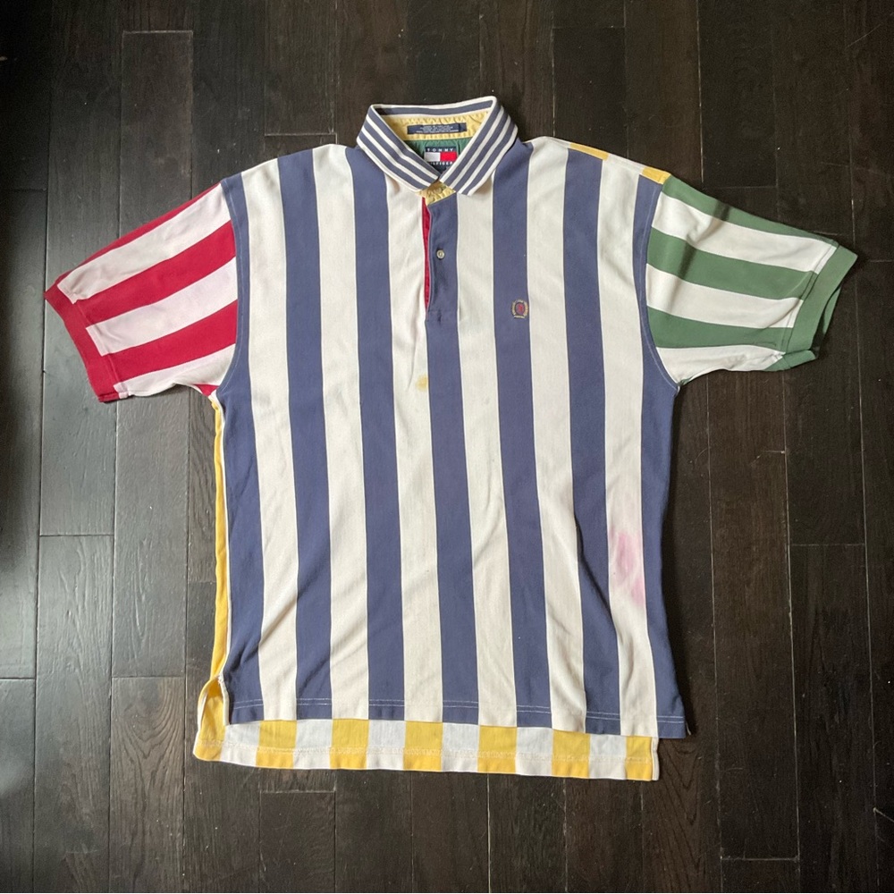Vintage Y2K Tommy Hilfiger Striped Cotton Polo Button Short Sleeve Sz. XL